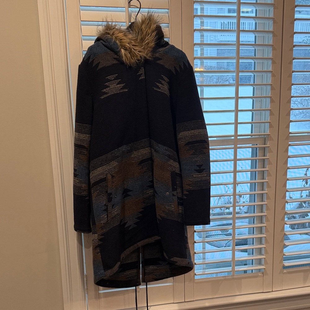 BB Dakota Navy and Brown Patterned Coat with Faux Fur Hood